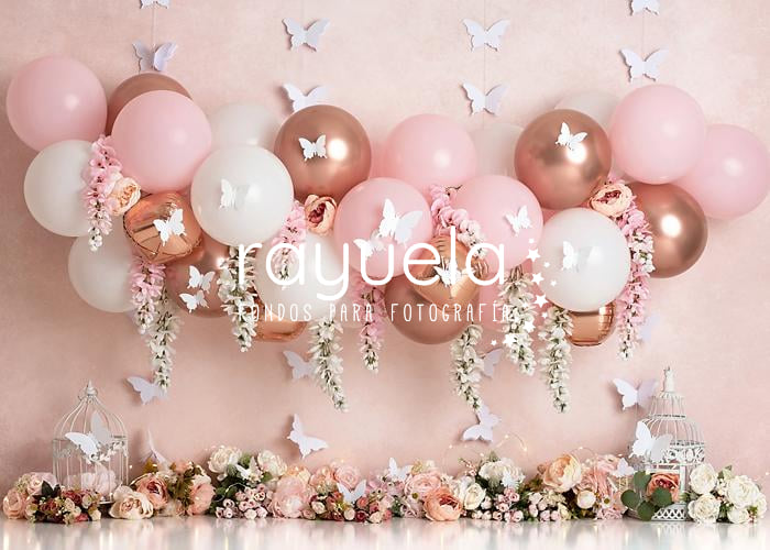 fondo para fotografia de globos con mariposas color rosa