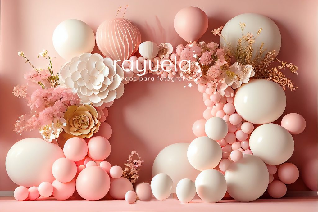 fondo para fotografia globos 3D en colores rosa y blanco