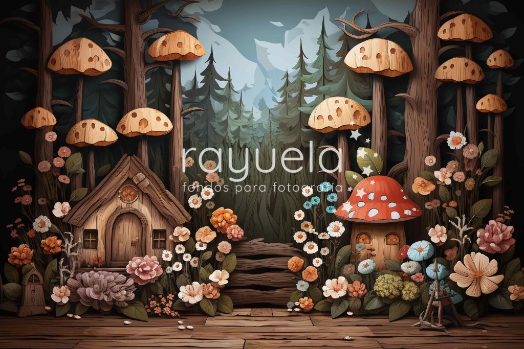 fondo para fotografia de casita en el bosque con hongos