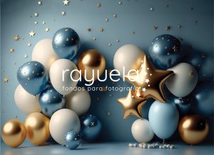 fondo para fotografia globos 3D en azul ,dorado y blanco