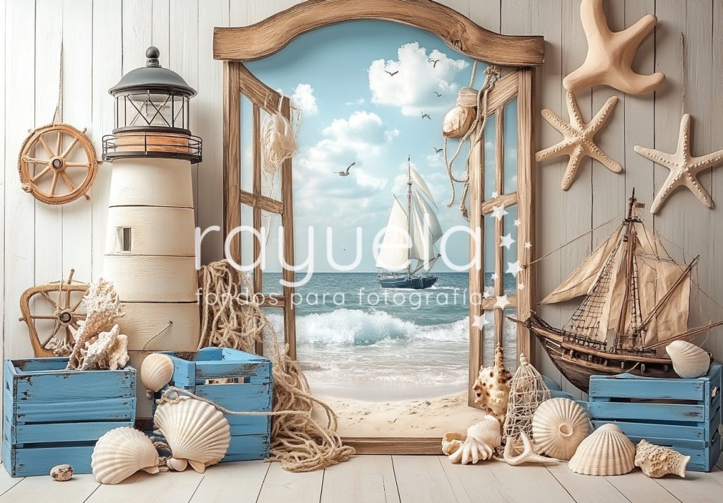 fondo para fotografia de ventana al mar y faro