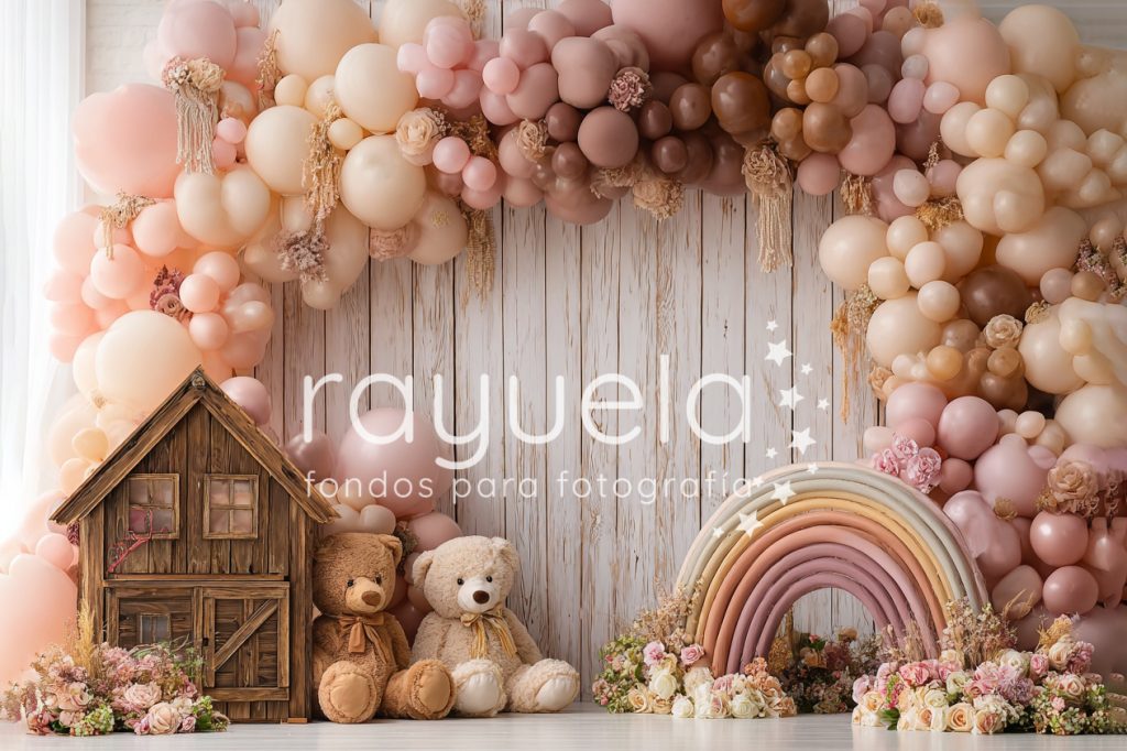 fondo para fotografia con globos , ositos , casita y arcoiris