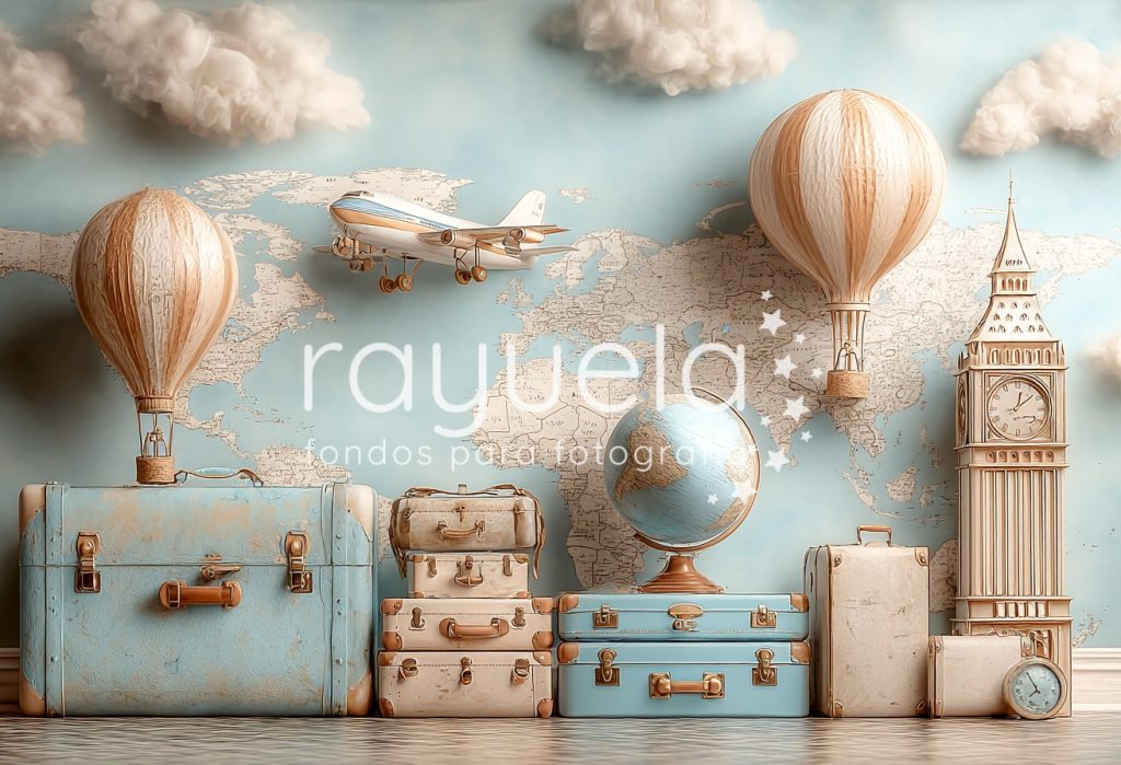 fondo para fotografia de viaje vintage con avion y globo terrestre