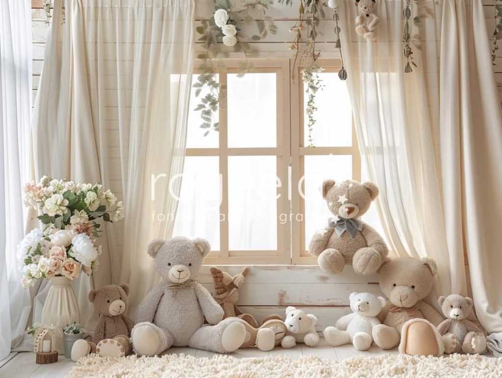 fondo para fotografia de ositos , ventana y flores